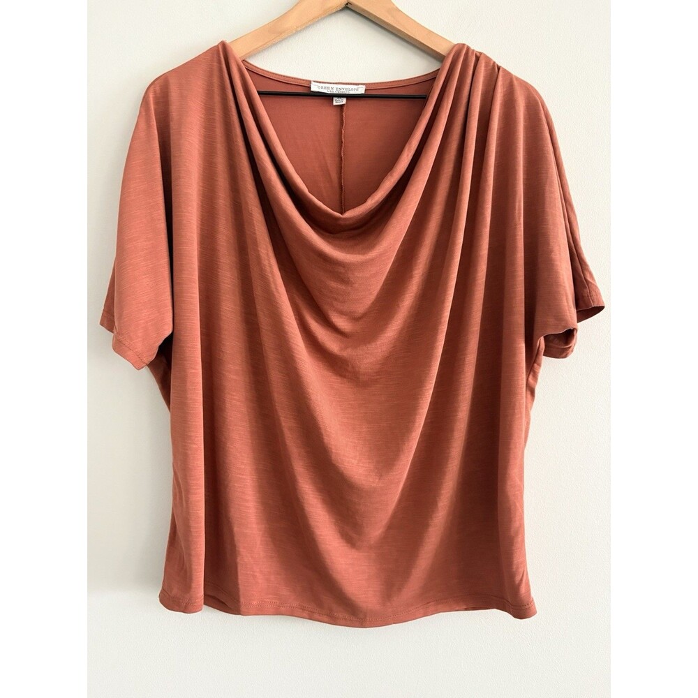 Green Envelope Cowl Neck Top Womens XL Rust Brown Short Sleeve